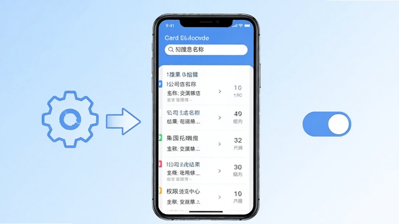 企业信息查询软件移动端使用教程示意图,手机屏幕展示搜索框输入公司名称与结果列表页面,旁边配有齿轮图标与权限开关示意,背景为浅蓝色渐变,风格清新简洁,突出操作步骤引导