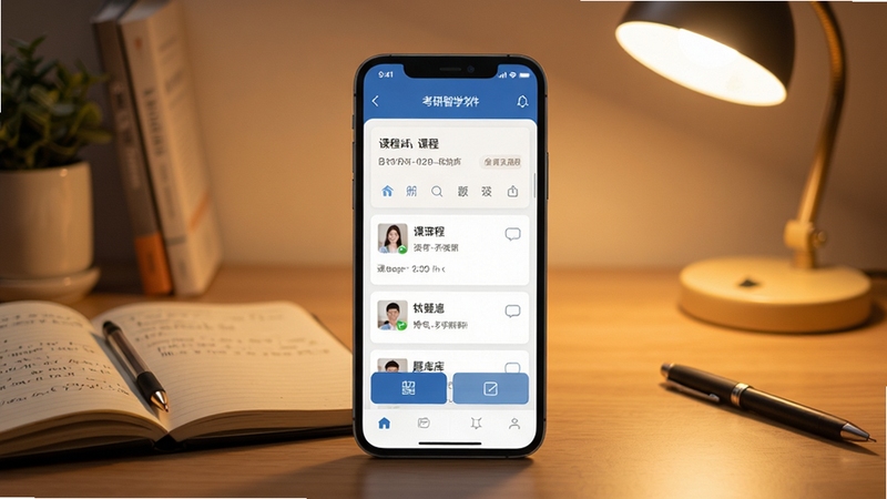 考研智学软件主界面全貌展示,画面中央为手机屏幕呈现课程列表与题库入口,背景为书桌、笔记与台灯构成的安静学习场景,整体色调温暖柔和,突出备考氛围