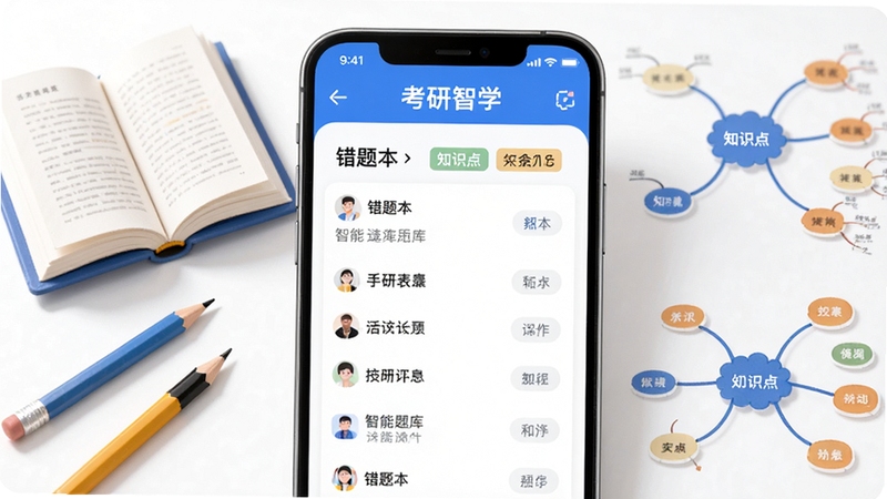 考研智学智能题库界面示意图,手机屏幕显示错题本列表与知识点标签,周围环绕书本、铅笔和思维导图元素,画面风格清新明亮,体现智能学习与归纳整理