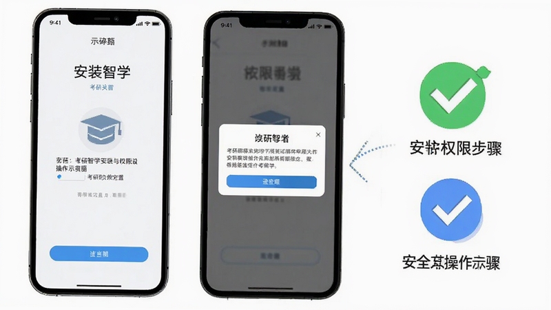 考研智学安装与权限设置操作示意图,手机屏幕展示安装界面与权限弹窗,旁边配有勾选与提示图标,画面简洁清晰,突出安全安装步骤