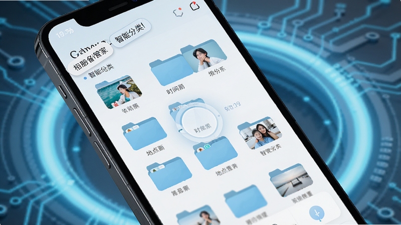 相册备份管家智能分类功能界面,手机屏幕显示按时间和地点自动归类的相册文件夹,界面简洁清晰,背景为浅蓝色科技感光晕,突出智能整理效果