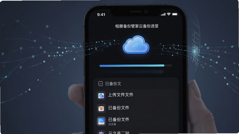 相册备份管家云备份进度展示界面,手机屏幕显示上传进度条与已备份文件列表,画面中有云朵图标与数据流线条,背景为深色护眼模式,体现科技与安全感