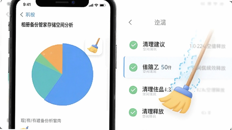 相册备份管家存储空间分析图表界面,手机屏幕显示饼状图与清理建议列表,画面中有扫帚图标与空间释放动画,背景为白色简约风格,突出清理效果