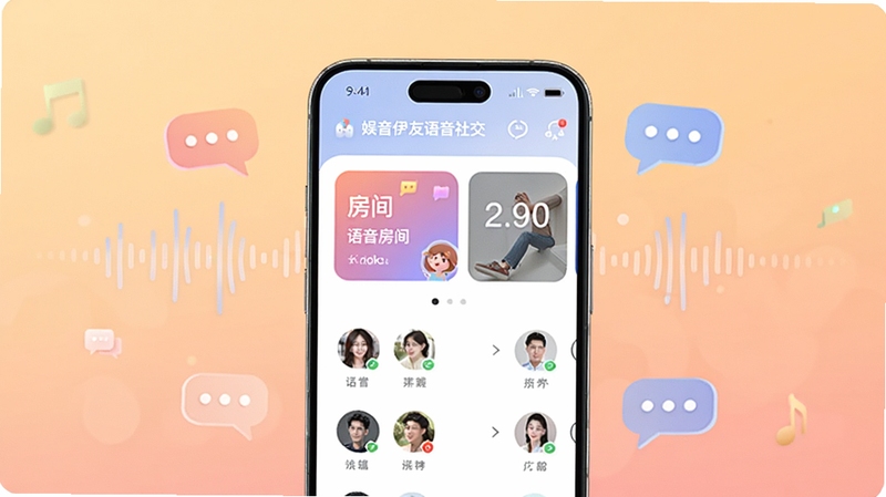 软件核心全貌展示,画面中央放置一部智能手机,屏幕显示娱音伊友语音社交应用主界面,界面包含语音房间卡片与在线用户头像列表,背景为柔和的暖色调渐变,周围点缀声波与对话气泡元素,整体风格清新现代,适配Boogu模型生成
