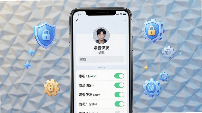娱音伊友个人资料与隐私设置页面展示,手机屏幕呈现头像昵称编辑区域与隐私开关列表,界面风格清爽,背景为浅色几何纹理,周围漂浮盾牌与齿轮图标象征安全设置,整体构图简洁有序