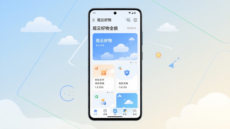 整体概括观云好物的全貌,画面主体为一台竖屏安卓手机居中放置,屏幕内呈现观云好物清爽的首页功能卡片布局,背景区域为浅蓝到米白的柔和渐变,四周点缀轻薄的云朵与几何线条,整体风格简洁现代、扁平化插画质感,光线干净明亮