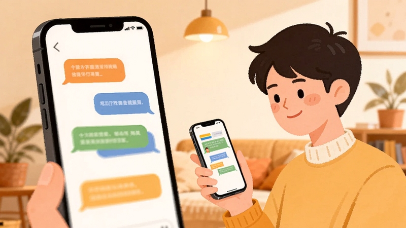 观云好物用户问答场景插画,画面为一部手机屏幕显示问答对话气泡,旁边一位年轻人手持手机微笑查看,背景为暖色调室内环境,风格轻松亲切,扁平插画质感