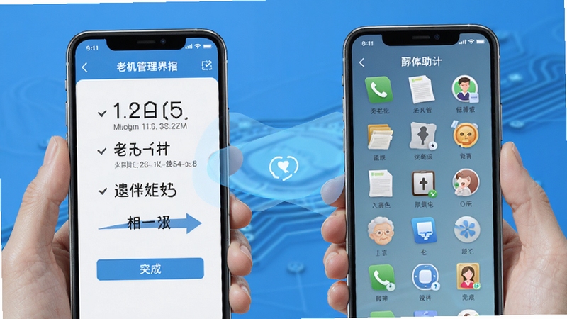 老年手机管理助手远程协助界面展示,两部手机屏幕互联,一部显示操作指引,一部显示老人手机桌面,简洁蓝色调背景,科技感与温情并存