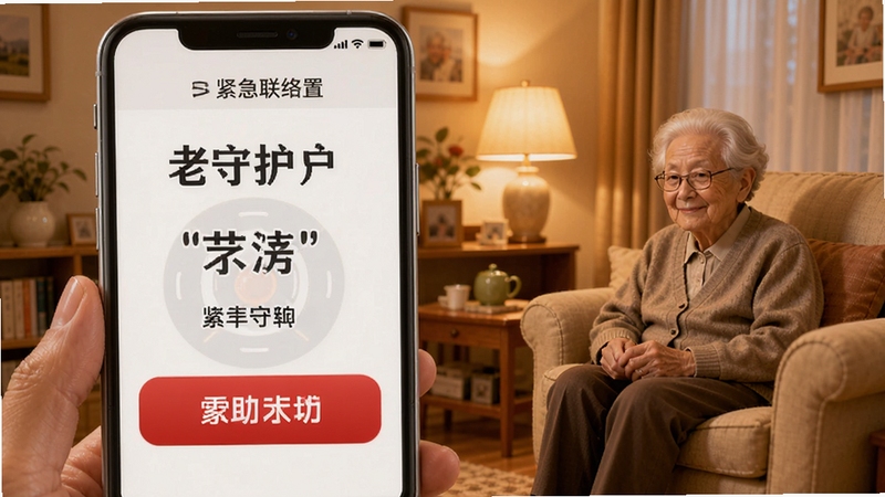 老年手机管理助手紧急联络设置页面,大字体大按钮设计,红色求助按钮醒目,背景为暖色调居家场景,体现安全守护主题