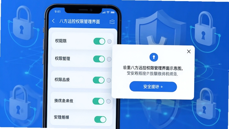 八方远控权限管理界面示意图,手机屏幕显示权限开关列表与安全提示弹窗,界面采用卡片式设计,配色以蓝白为主,背景带有盾牌与锁形图标元素,传达安全可控的使用理念