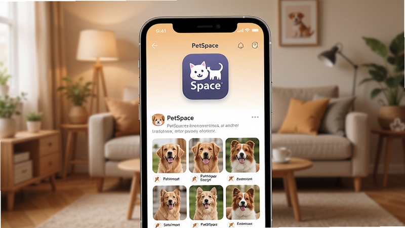 PetSpace 宠物社交应用界面全貌展示,手机屏幕中呈现宠物动态信息流与萌宠照片墙,背景为温馨居家客厅环境,柔和暖色调,扁平化UI设计风格,画面包含 PetSpace 应用图标与品牌标识,主体位于画面中央偏上区域,背景虚化处理,高清细节,适配应用商店宣传图