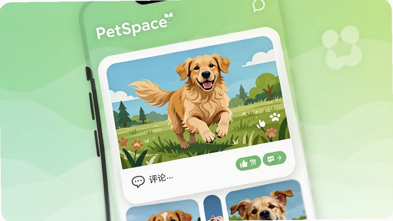 PetSpace 宠物动态社区功能展示,手机界面中呈现萌宠照片瀑布流与点赞评论互动按钮,画面主体为一只金毛犬在草地上奔跑的照片卡片,背景为浅绿色渐变社交界面,包含 PetSpace 品牌字样,扁平插画风格,明亮清新色调,细节丰富