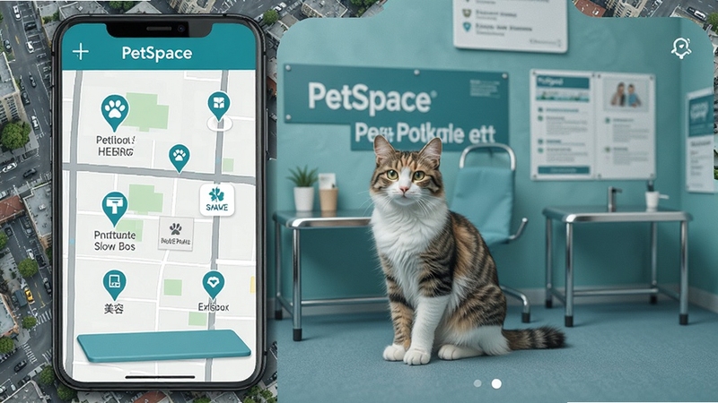 PetSpace 附近宠物服务功能界面,手机地图上标注宠物医院与美容店图标,画面主体为一只猫咪坐在宠物医院候诊区,背景为城市街区俯视图,包含 PetSpace 定位标识,写实风格,蓝绿色调,画面清晰