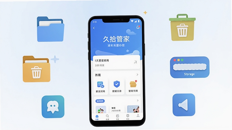 整体画面以一部竖屏安卓手机为中心,屏幕显示久拾管家清爽的首页界面,周围环绕文件夹、垃圾桶、存储条等扁平化图标,背景为浅蓝到白色的柔和渐变,风格简洁明快,适合软件下载站展示