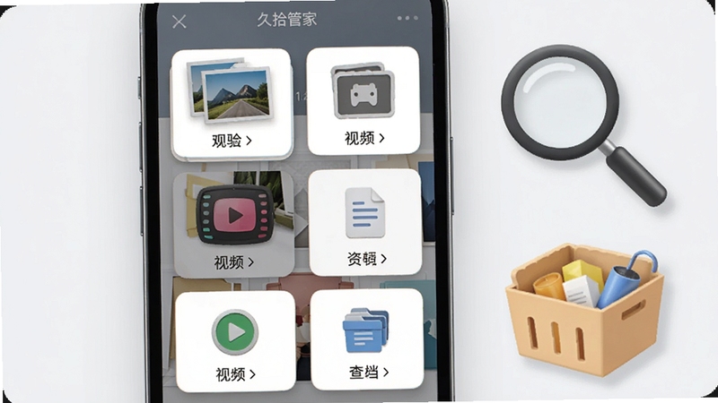 画面展示久拾管家的文件分类界面,手机屏幕中整齐排列图片、视频、文档等分类卡片,旁边有放大镜和整理箱元素,背景为干净的浅灰色,整体呈现井然有序的收纳感