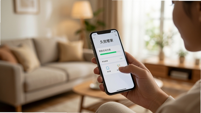 画面为一位用户手持手机正在操作久拾管家清理界面,屏幕显示释放空间的进度条,背景为居家客厅的虚化场景,色调温暖自然,突出真实使用氛围