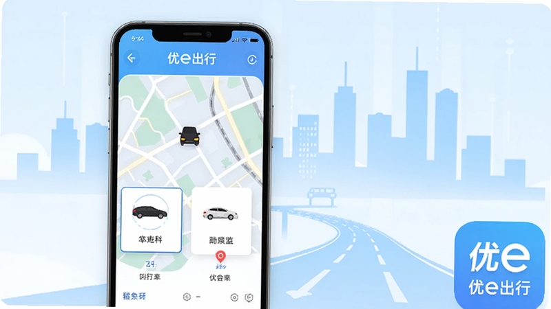 整体展现优e出行软件首页界面,画面主体为一部竖屏智能手机位于画面中央偏左,屏幕显示优e出行叫车地图与车型选择卡片,背景区域为浅蓝色渐变城市天际线剪影与道路线条,风格清爽扁平化,突出出行科技感,画面右下角放置优e出行软件图标