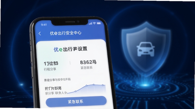 优e出行安全中心功能展示,画面主体为手机屏幕呈现行程分享与紧急联系人设置页面,背景区域为深蓝色科技感光晕与盾牌图标虚影,风格稳重安心,体现出行安全守护主题