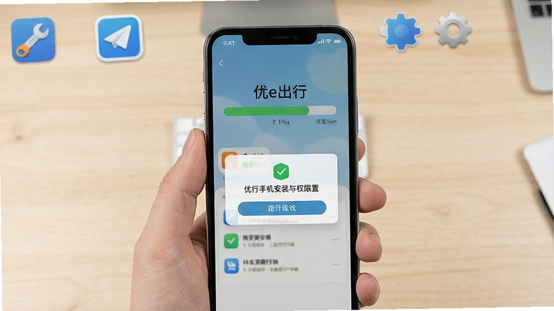 优e出行手机安装与权限设置示意画面,主体为手机屏幕显示应用安装进度条与权限授权弹窗,背景为浅色桌面环境与工具图标点缀,风格清晰实用,突出安装指引主题
