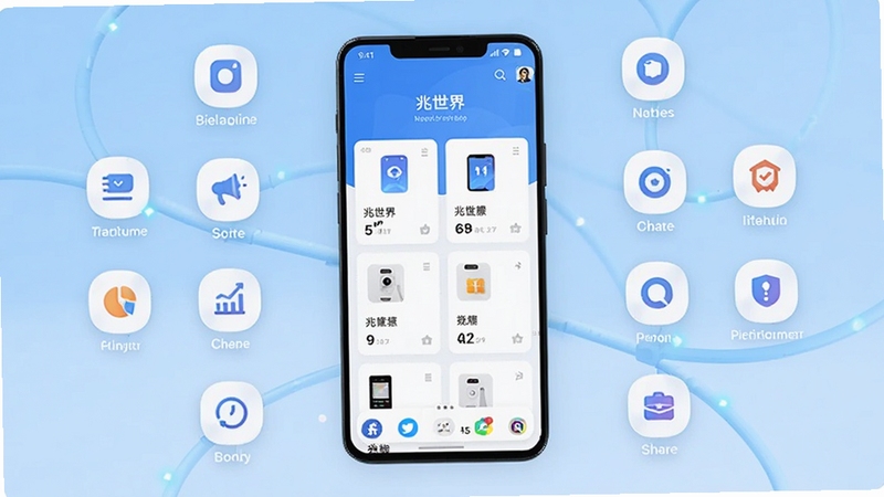 整体概括兆世界的应用全貌,画面中央放置一部安卓手机,屏幕显示兆世界应用主界面,简洁卡片式布局,背景为浅蓝色渐变,四周环绕小图标代表各类实用功能,整体风格清爽现代,适配Boogu模型生成