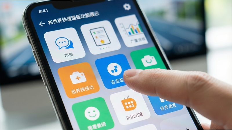 兆世界快捷面板功能展示,手机屏幕特写,首页排列多个功能卡片图标,手指正在点击其中一个卡片,背景虚化处理,突出应用界面,画面明亮清晰