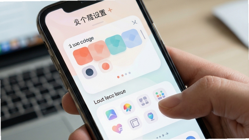 兆世界个性化设置界面,手机屏幕显示主题颜色选择面板和图标布局选项,界面元素柔和圆角,背景为淡雅浅色,突出自定义操作场景