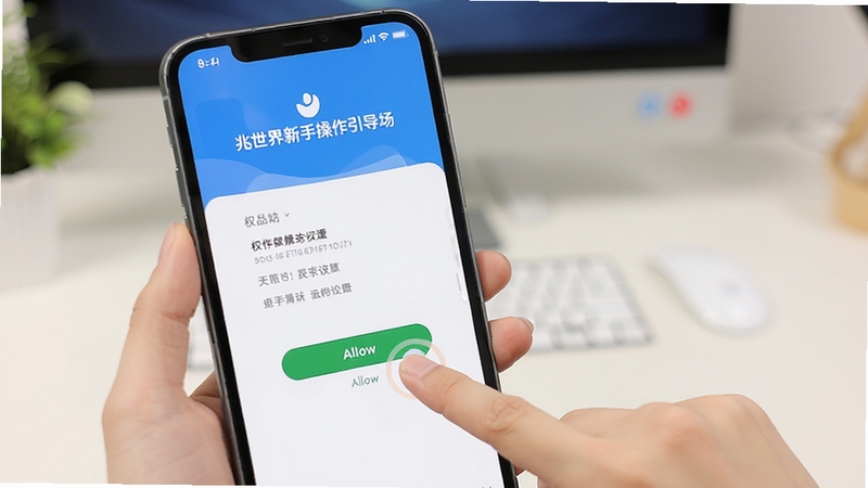 兆世界新手操作引导场景,手机屏幕显示应用首次启动的权限设置页面,旁边有手指点击允许按钮的动作,画面风格简洁明快,突出上手操作流程