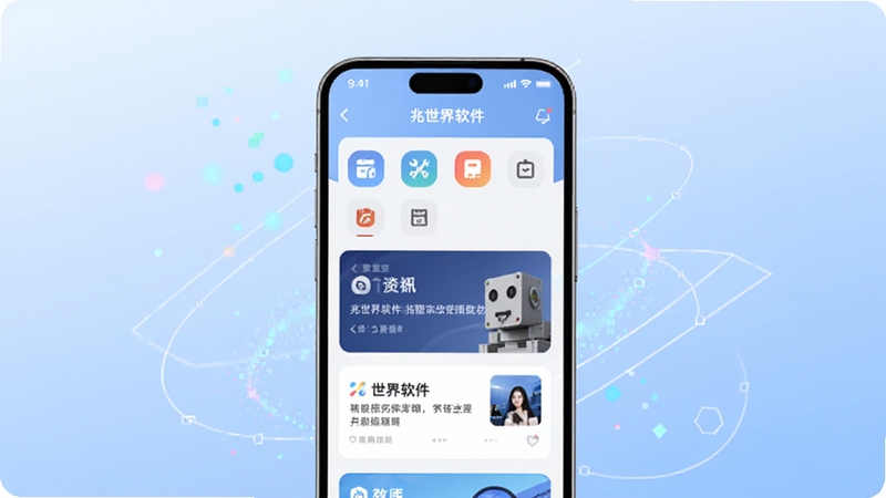 整体概括兆世界软件核心全貌,画面主体为一部居中放置的智能手机,屏幕显示兆世界软件主界面,界面包含工具图标与资讯卡片,背景区域为柔和的浅蓝渐变空间,四周点缀抽象的数字粒子与几何线条,风格现代简洁,适配Boogu模型生成