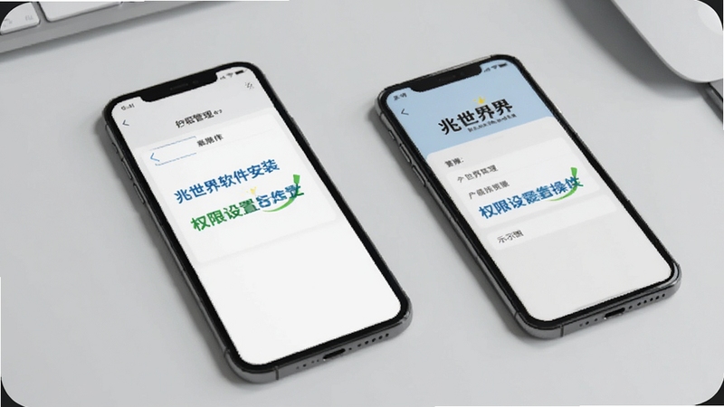 兆世界软件安装与权限设置操作示意图,画面主体为手机屏幕显示权限管理界面,背景为简洁的浅灰色办公桌面,旁边放置一部已安装完成的手机,整体风格务实清晰,适配Boogu模型生成