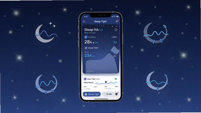 整体展示Sleep-Tight应用主界面与睡眠数据图表的场景图,画面中央放置一部智能手机,屏幕显示Sleep-Tight的睡眠报告页面,背景为深蓝色夜空与柔和星光,周围环绕简洁的睡眠周期曲线图标,风格清新科技感,适配Boogu模型生成