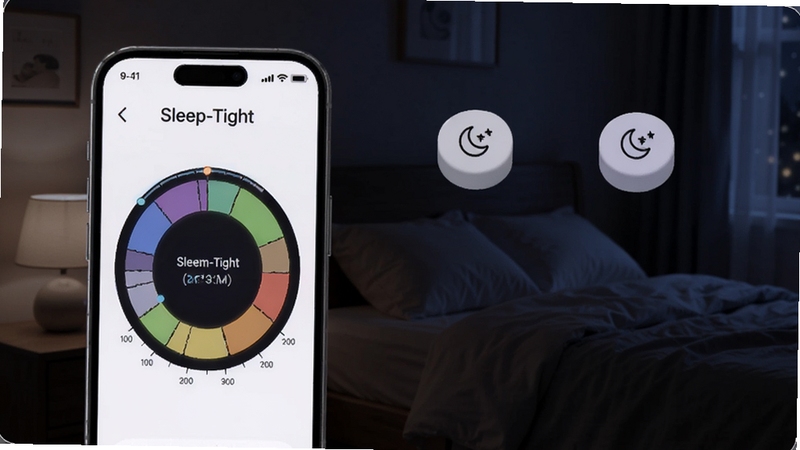 Sleep-Tight睡眠周期追踪功能展示图,画面以深色夜间卧室为背景,手机屏幕呈现彩色睡眠阶段环形图,旁边悬浮浅睡深睡图标与时间刻度,整体色调宁静柔和,突出数据可视化细节,适配Boogu模型生成