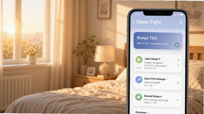 Sleep-Tight个性化建议界面示意图,画面展示手机屏幕上的睡眠评分卡片与改善建议列表,背景为清晨柔和光线下的卧室一角,色调温暖明亮,体现健康生活氛围,适配Boogu模型生成