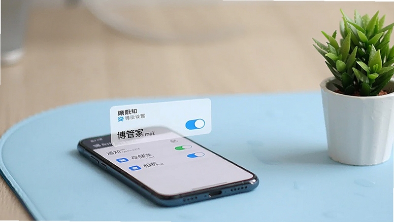 手机屏幕显示博管家权限设置页面,页面列出通知、存储、相机三项权限开关,开关旁有简短说明文字,手机放置在浅蓝色桌垫上,背景虚化,画面右侧有一盆小绿植,整体风格干净清爽,强调隐私可控的视觉感受