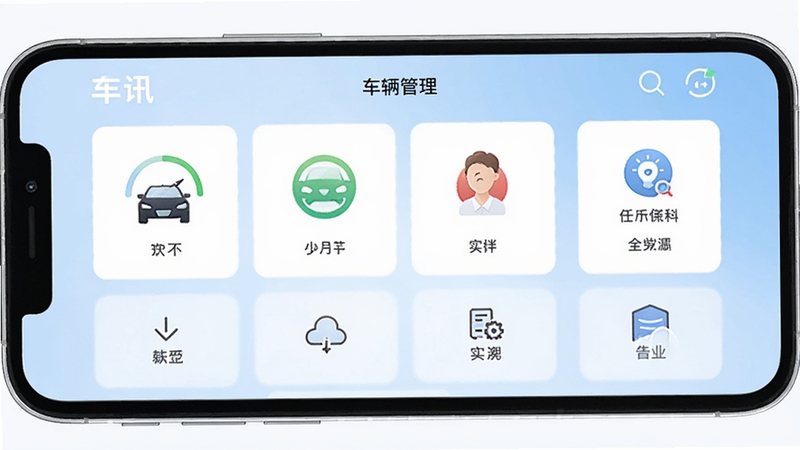 一款名为的讯的手机应用主界面展示,画面中央是车辆管理仪表盘,显示车辆状态图标与功能入口,背景为淡蓝色渐变,整体风格清爽简洁,UI元素清晰,适配移动端展示