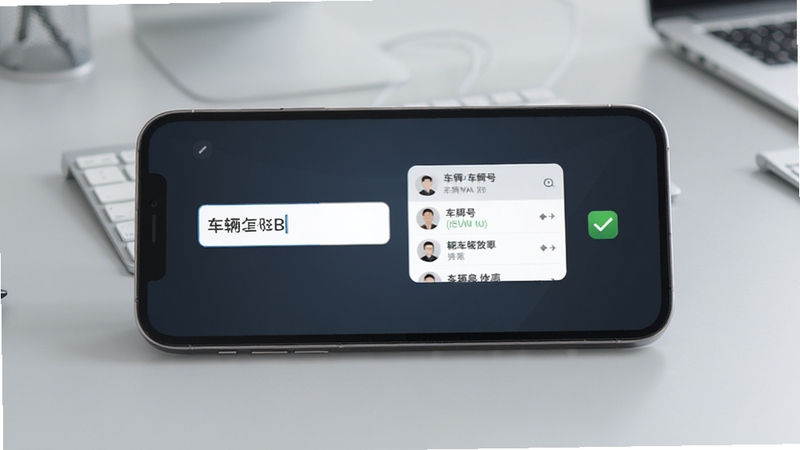 的讯软件中车辆绑定页面展示,手机屏幕内显示车牌号输入框与车辆信息卡片,旁边有勾选确认图标,背景为浅灰色办公桌面,画面干净整洁,突出操作流程