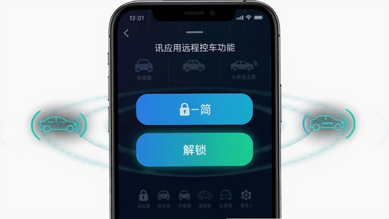 的讯应用远程控车功能界面,手机屏幕显示锁车与解锁按钮,按钮呈蓝绿色高亮状态,周围环绕车辆图标与信号波纹,背景为深色科技感渐变,突出远程控制主题