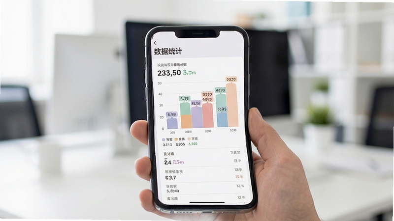 的讯应用数据统计页面,手机屏幕显示柱状图与订单列表,图表配色柔和,数据标签清晰可见,背景为浅色办公环境虚化处理,突出数据分析功能