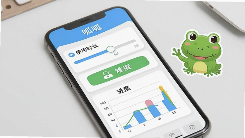 呱呱数学家长设置界面示意图,画面展示手机屏幕中打开家长管理页面,包含使用时长滑块、难度选择按钮和进度图表,旁边有卡通青蛙提示图标,背景为简洁的浅灰色桌面,整体风格清爽实用,适合软件教程配图