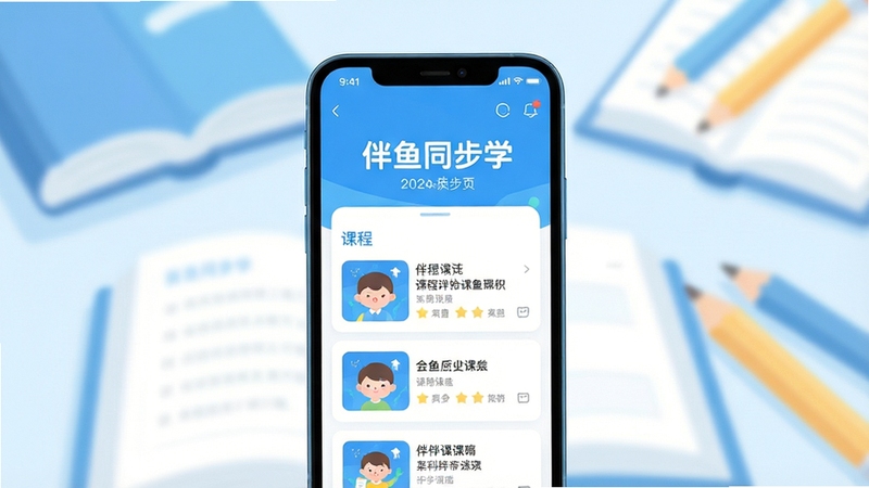 整体画面采用清爽明亮的蓝白色调,居中位置摆放一部智能手机,屏幕内展示伴鱼同步学的课程列表界面,主标题清晰可见,背景区域为柔和的书本与铅笔元素虚化铺陈,画面风格为扁平插画,突出教育科技氛围,构图采用中心对称,光线柔和均匀,适合作为软件下载页头图
