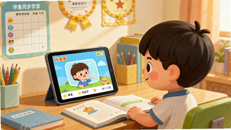 画面呈现一间温馨的儿童书房,书桌上摊开课本与平板电脑,平板屏幕显示伴鱼同步学的动画课程界面,一位卡通风格的小学生正专注观看,背景墙面贴着课程表与奖状,整体色调温暖明亮,插画风格细腻柔和,突出同步学习场景