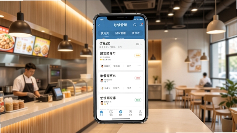 悠饭商家端应用界面全景展示,画面中央为手机屏幕呈现商家端首页订单列表,背景为明亮的现代化食堂档口环境,暖色调灯光,简洁商务风格,突出团餐管理场景