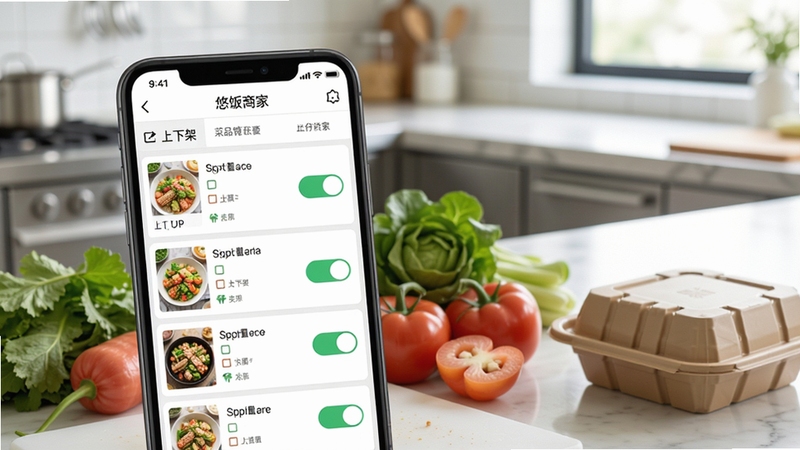 悠饭商家端菜品管理页面特写,手机屏幕显示菜品列表与上下架开关按钮,旁边摆放新鲜食材与餐盒,背景为干净的后厨操作台,自然光照明,写实风格