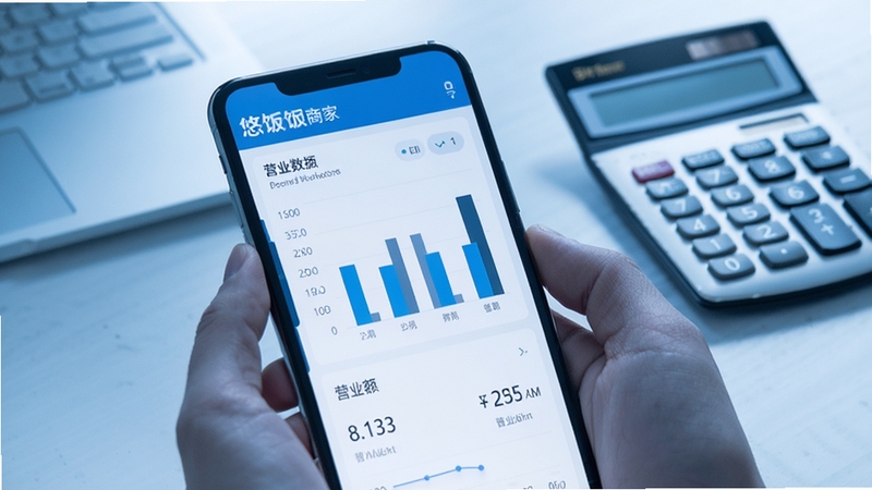 悠饭商家端经营数据统计界面,手机屏幕显示柱状图与营业额数字,背景为办公桌面与计算器,冷色调商务风格,突出数据分析氛围