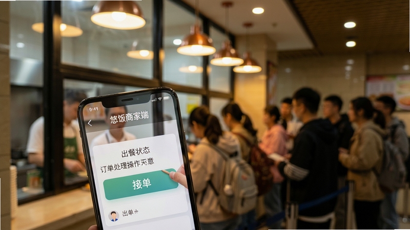 悠饭商家端订单处理操作示意,手机屏幕显示接单按钮与出餐状态标签,背景为食堂取餐窗口与排队人群,暖色灯光,纪实风格