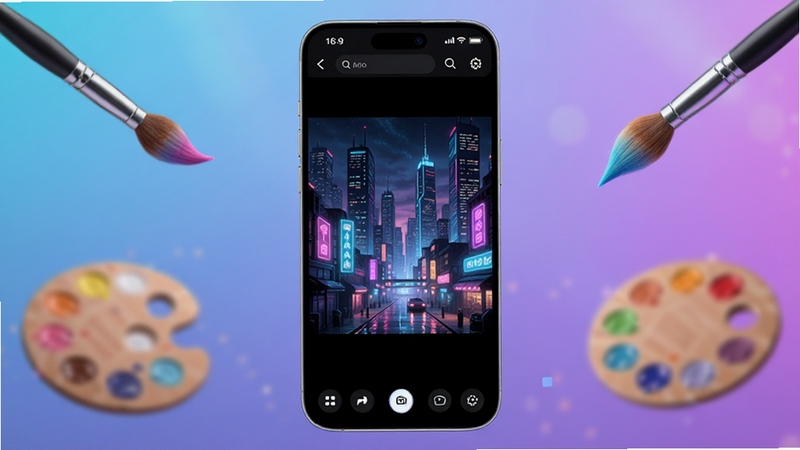 ��������λ��չʾһ�������ֻ�����Ļ����ʾimage2 Pro��ͼ�Ľ��棬������������һ��ɫ��Ѥ����������˷�����ҹ��ͼ����������Ϊ��͵�����ɫ������Σ����ܻ�����Ư���Ļ������ɫ��Ԫ�أ������������ִ���ͻ��AI������ͼ�ĿƼ��������ԣ��������16:9������ϸ�ڣ��ʺ���������վչʾ