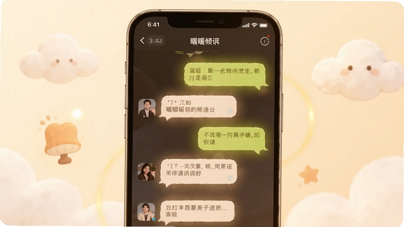 画面主体为一部居中放置的智能手机,屏幕显示暖暖倾诉的温暖聊天界面,气泡对话框柔和发光;背景区域为浅米色渐变,点缀云朵与暖色光晕,整体风格温馨治愈,适配Boogu模型生成,比例16:9