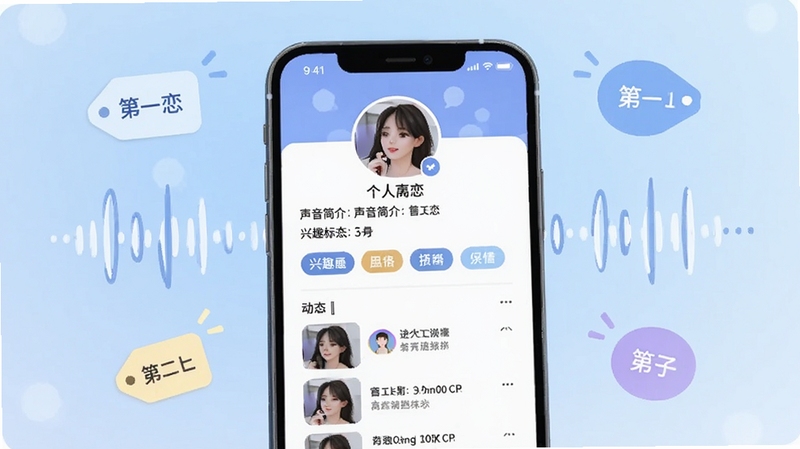 音恋CP兴趣标签与个人主页功能展示插画,画面主体为手机屏幕中的个人资料卡片,卡片上标注声音简介、兴趣标签、动态列表等模块,背景为浅蓝色渐变,点缀标签图标与声波线条,风格清新简洁,突出个性化社交主页的视觉感受
