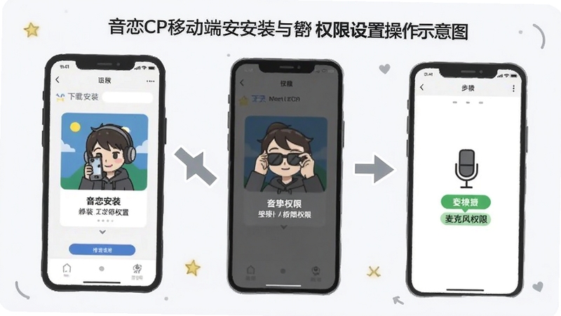 音恋CP移动端安装与权限设置操作示意图,画面展示手机屏幕从下载安装到授予麦克风权限的步骤流程,界面元素清晰,背景为浅灰白色,风格扁平化教程插画,突出新手操作引导