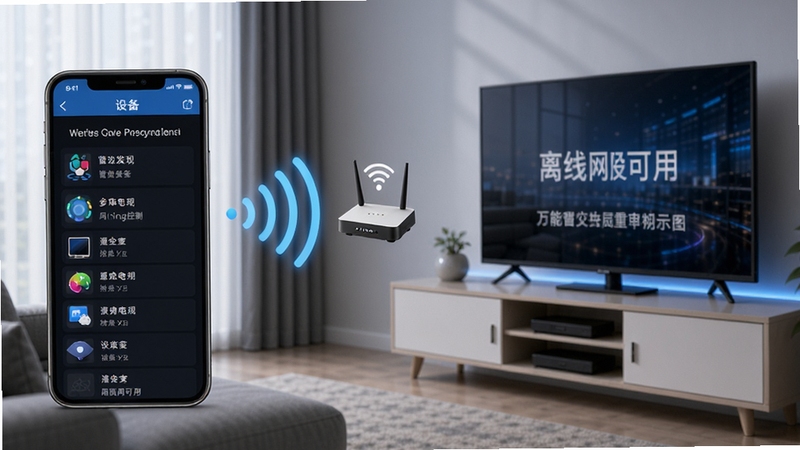 万能遥控手机电视局域网控制示意图,手机与电视通过WiFi信号连接,画面中有路由器图标和信号波纹,手机屏幕显示设备发现列表,背景为客厅电视柜场景,风格简洁科技感,突出无线控制与离线可用特点