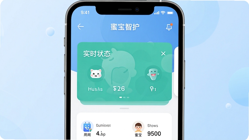 蜜宝智护应用主界面实时状态卡片展示,手机屏幕居中,背景为柔和浅蓝色渐变,界面元素清晰,现代扁平化设计风格,细节丰富
